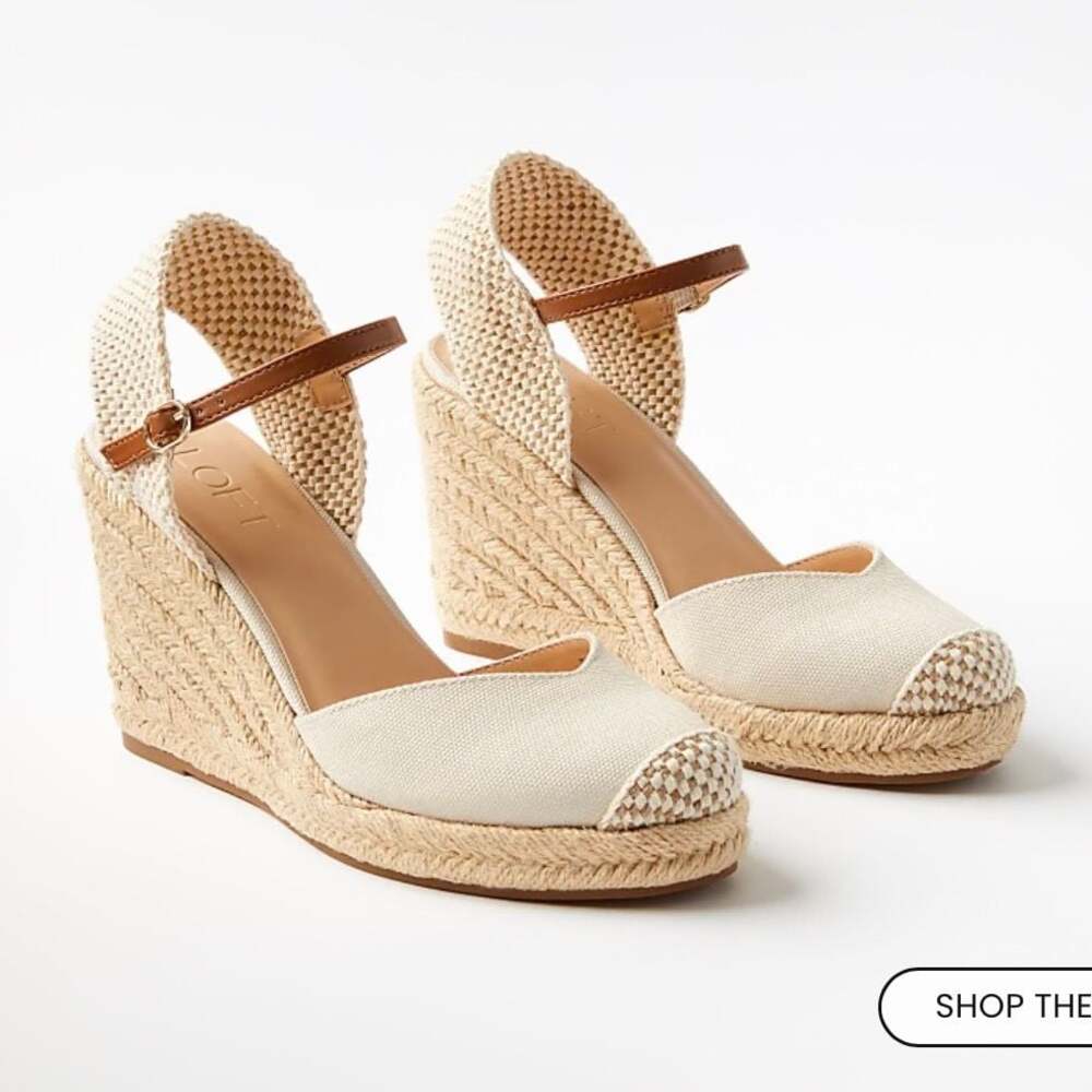 LOFT Canvas Espadrille Wedge Sandals with Brown Ankle Straps Women’s 10.5